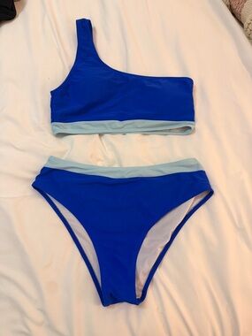 One-Shoulder Bikini Set in Royal Blue with Light Blue Trim